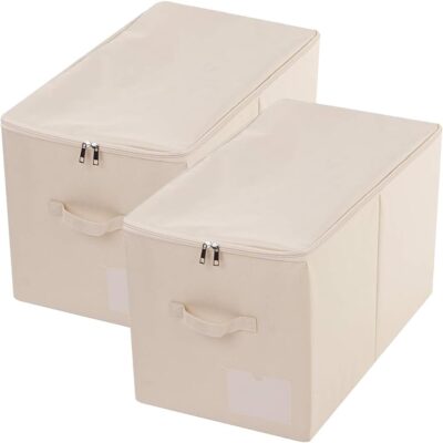 Off-White Fabric Storage Box with Lid – Collapsible Design with Label Holder