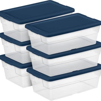 Stackable 6 Quart Clear Home Storage Box with Handles and Blue Lid for Efficient, Space Saving Household Storage and Organization (30 Pack)