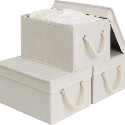 Light Beige Vertical-Stripe Fabric Storage Box Set (3-Piece) – With Thick Cotton Rope Handles & Attached Lids
