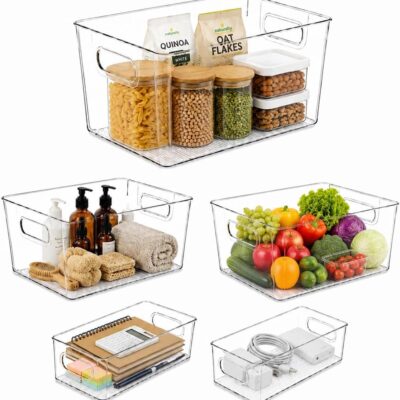 Set of 5 Stackable Fridge Organizers and Storage Bins, 2 Small, 2 Medium & 1 Large Clear Plastic Pantry Organizer Bins with Handles, BPA-Free PET Food Storage Boxes for Kitchen, Freezer & Cabinet