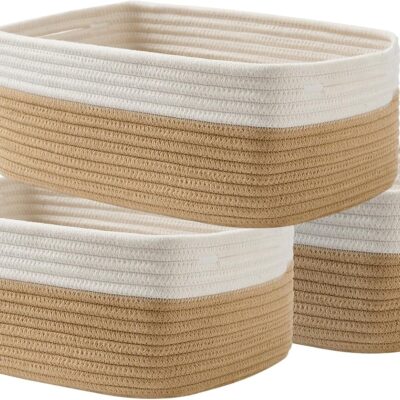 Cotton Rope Woven Open-Top Storage Basket – Two-Tone Bedroom Organizer