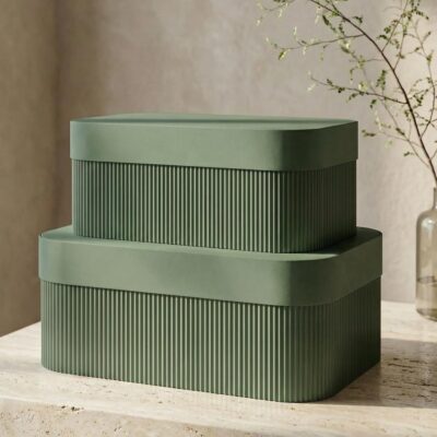 Retro Olive Green Vertical-Ribbed Faux Leather Storage Box Set (2-Piece Set with Rounded Corners & Lids)