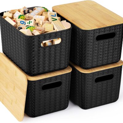 Black Woven PE Storage Basket with Natural Bamboo Lid & Cut-out Handles