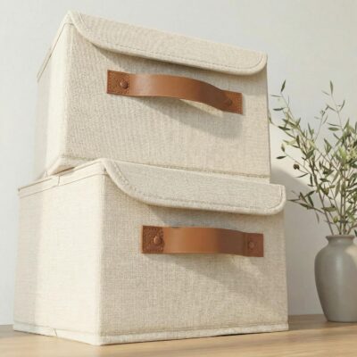 Off-White Coarse Linen Storage Box with Lid – 2-Piece Set with Faux Leather Handle & Flip-Top