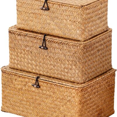 Hand-Woven Natural Seagrass Storage Box Set (3-Piece Set with Horn-Toggle Lids)