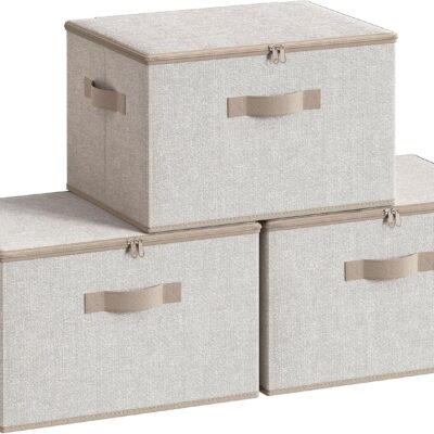 Light Heather Gray Fabric Storage Box with Zipper – 3-Piece Set (Thickened Fabric, Lidded, Portable)